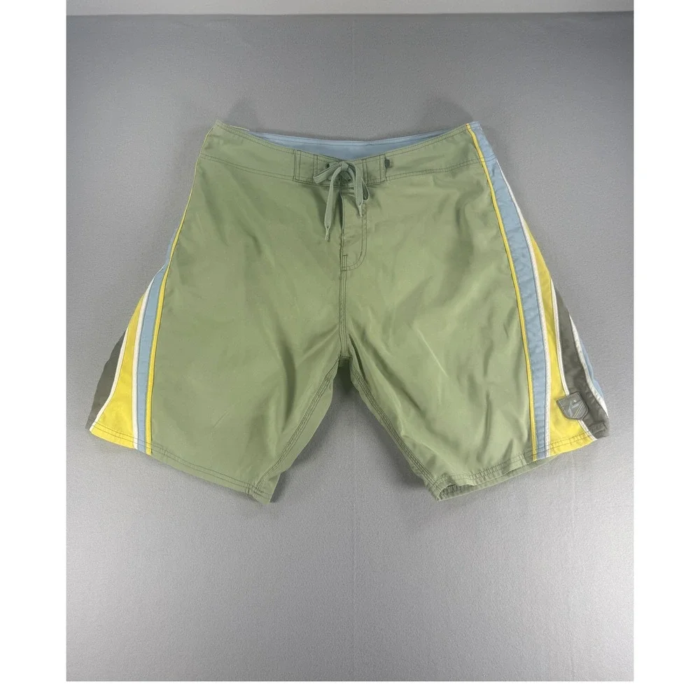 Vintage Rusty Mens Board Shorts Sage Green Striped Surf Swim Trunks Size 36